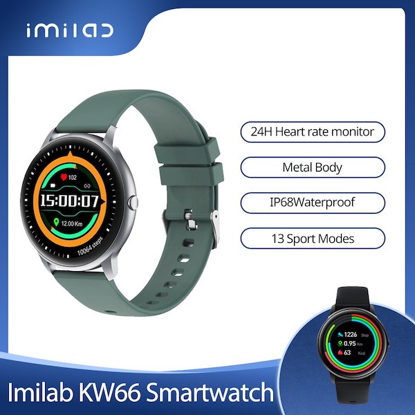 ساعة يد ذكية رياضية من شاومي KW66 ضد الماء وقياس ضربات القلب ودعم اللغه العربيه مع ٢ باند اسود واخضر