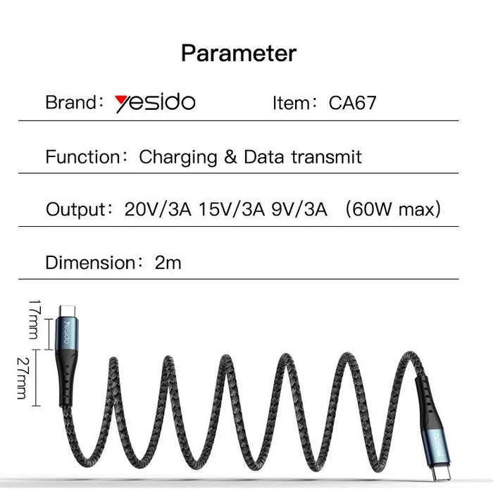كابل Type-c طول 2 م 60 وات للماك بوك و سامسونج - YESIDO