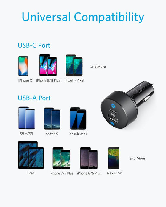 30W Fast Car Charger  USB-C (PD) / USB-A for iPhone and Samsung - Anker