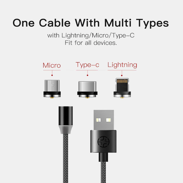 كابل شحن USB مغناطيسي 3 في 1، طوله 1 متر - اسود