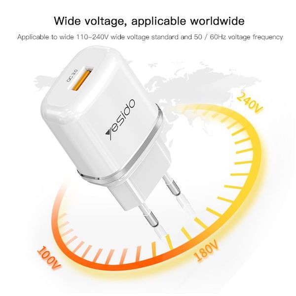 شاحن حائط سريع بمنفذ USB بتقنية QC3.0 بقوة 18W