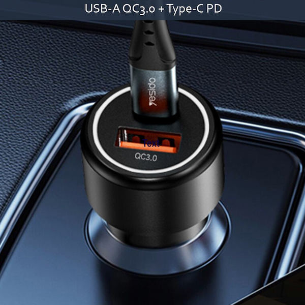 شاحن سيارة سريع بمنفذ Type-C بتقنية PD بقوة 24W وبمنفذ USB بتقنية QC3.0 بقوة 18W بقوة إجمالية 42W من Yesido
