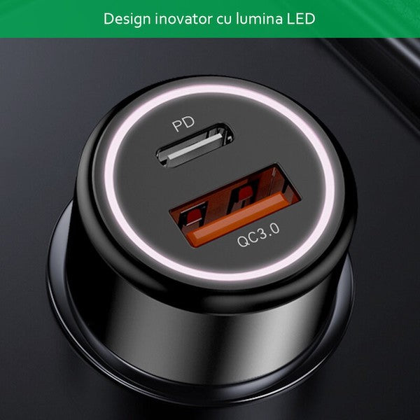 شاحن سيارة سريع بمنفذ Type-C بتقنية PD بقوة 24W وبمنفذ USB بتقنية QC3.0 بقوة 18W بقوة إجمالية 42W من Yesido