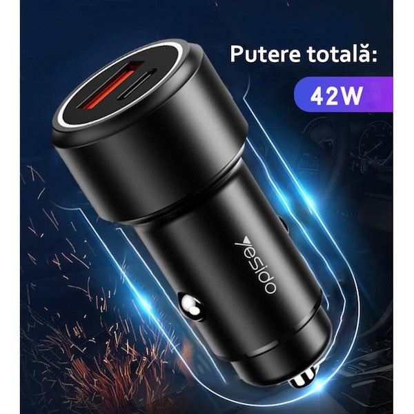 شاحن سيارة سريع بمنفذ Type-C بتقنية PD بقوة 24W وبمنفذ USB بتقنية QC3.0 بقوة 18W بقوة إجمالية 42W من Yesido