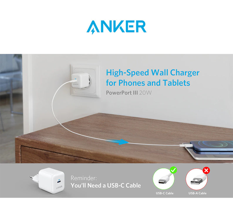 Fast Wall Charger 20W USB-C / PD and PIQ 3.0 PowerPort III  - Anker