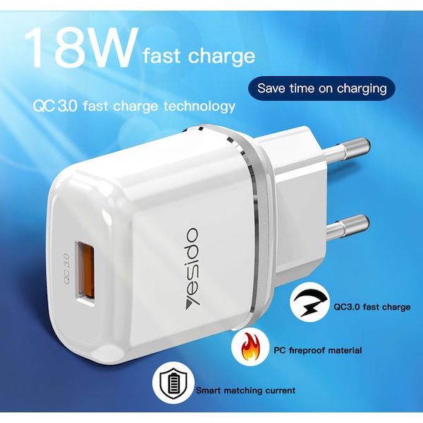 18W QC3.0 USB Fast Wall Charger - YESIDO